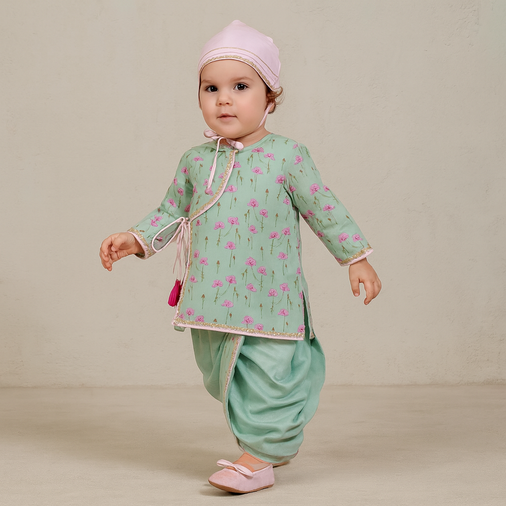 Pre Order: Floral Printed Mint Green Tie Up Angrakha Kurta And Dhoti With Baby Pink Mukut