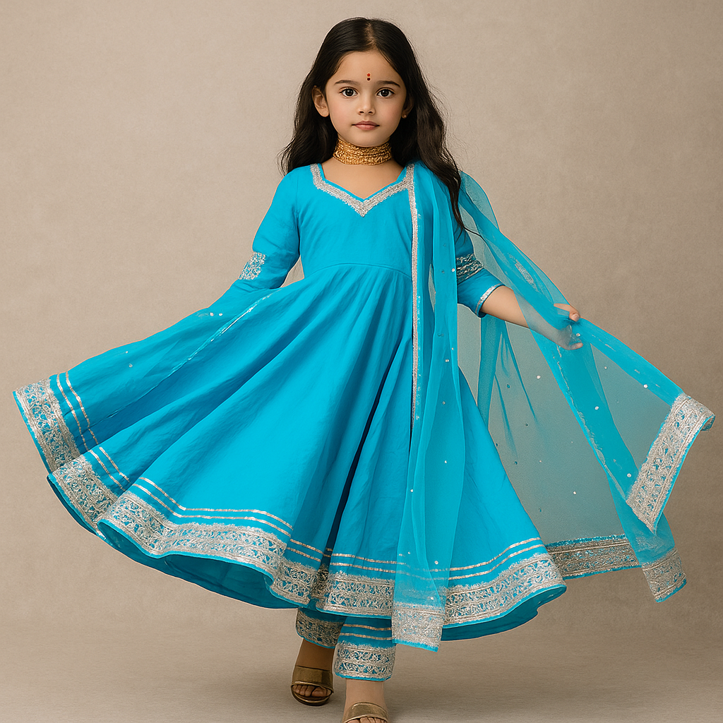Pre Order: Sky Blue Anarkali with Dupatta Gota Detailing