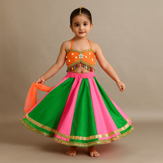 Pre Order: Stunning Strappy Embellished Crop Top With Neon Lehenga And Dupatta