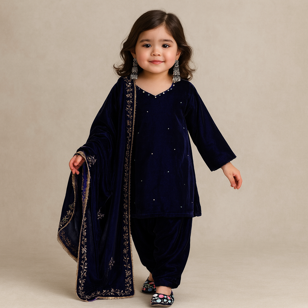 Pre Order: Royal Blue Velvet Embroidered Dupatta Suit Set