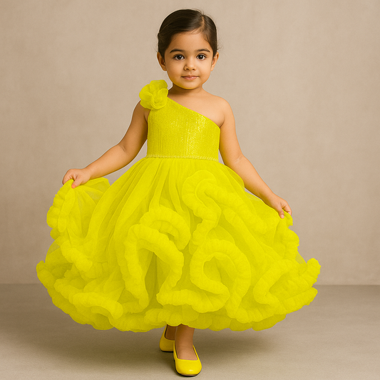 Pre Order: Sequins Embellished One Shoulder Ruffle Layered Party Wear Olive Green Gown