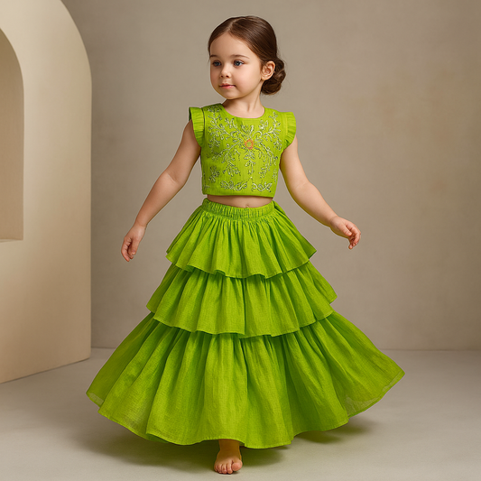 Pre Order: Charming Floral Cut Dana Embroidered Green Top And Multi Layered Ruffle Lehenga