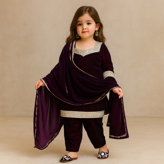 Pre Order: Wine Velvet Embroidered Dupatta Suit Set