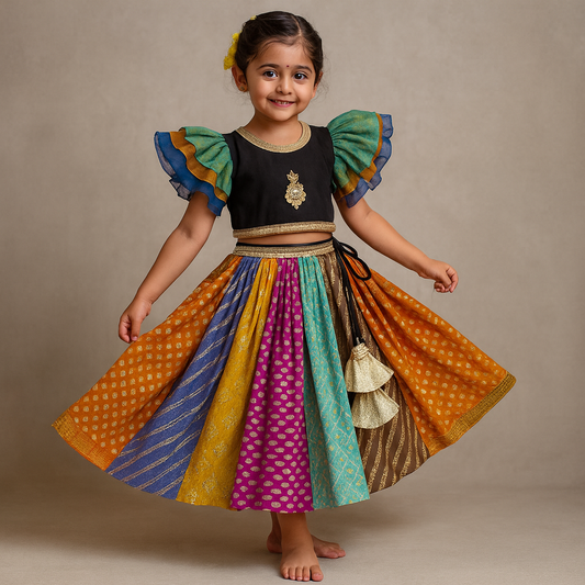 Pre Order: Black Top With Frilly Sleeves And Multicolored Lehenga