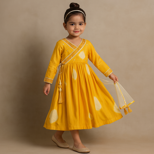 Pre Order: Yellow Angarkha Style Lace Detailed Anarkali With Dupatta