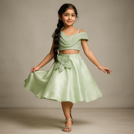 Pre Order: Green Sequin Embellished Strappy Top With Stiff Belt And Skirt