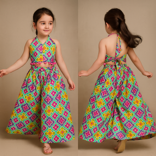 Pre Order: Multicolour Printed Halter Neck Top And Flared Palazzo