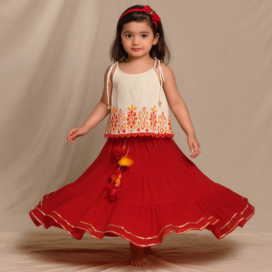 Pre Order: Tie Up Strappy Embroidered Top With Tiered Lehenga