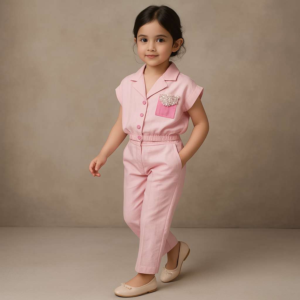 Pre Order: Contrasting Patch Pocket Detail Blush Pink Top And Pant