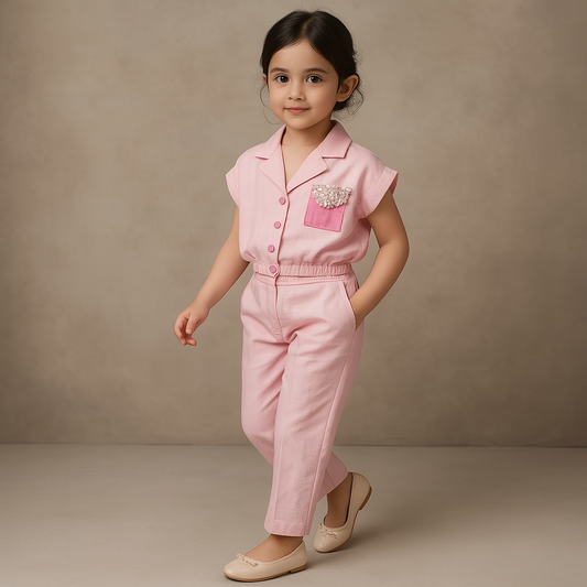 Pre Order: Contrasting Patch Pocket Detail Blush Pink Top And Pant