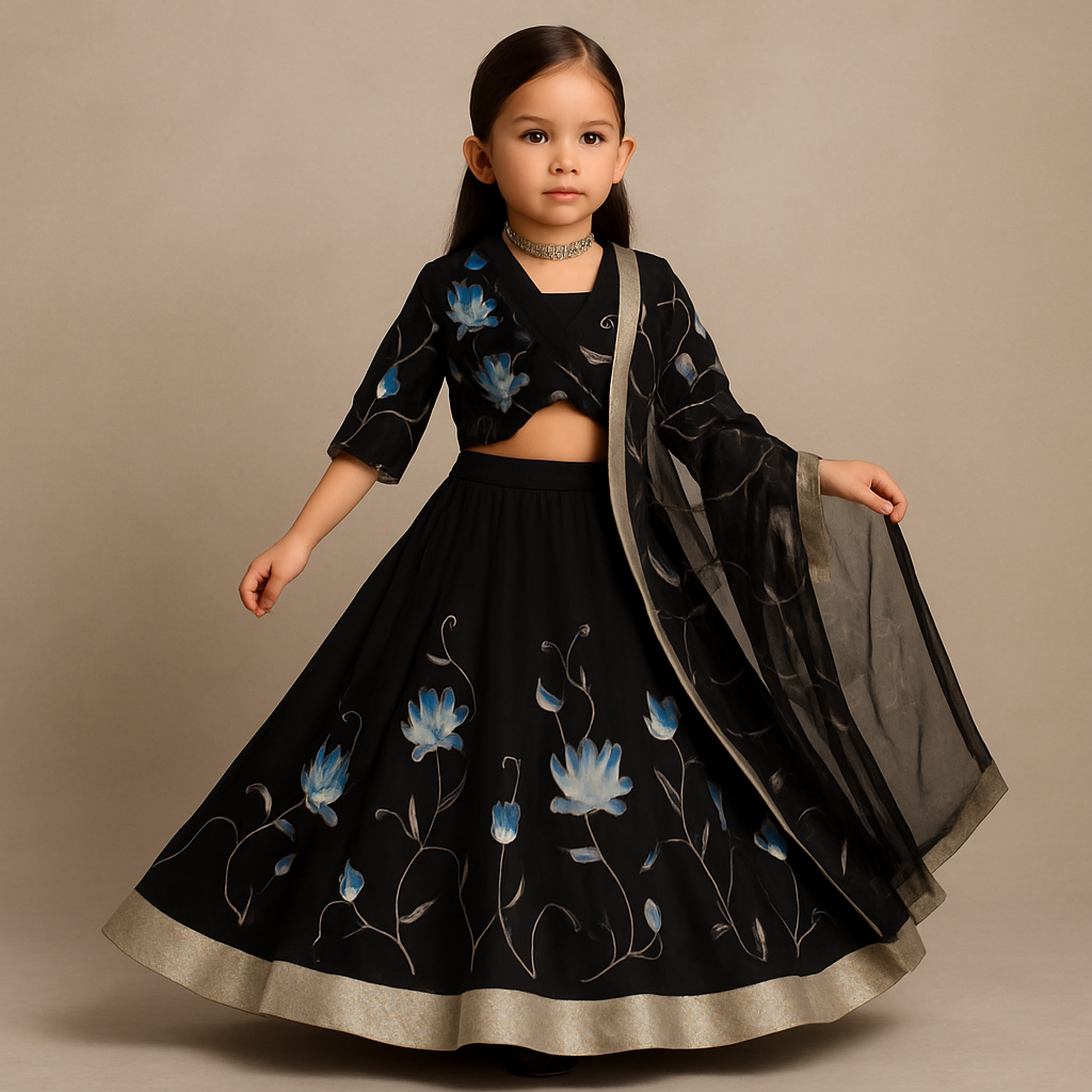 Pre Order: Black Floral Hand Painted  Lehenga Set