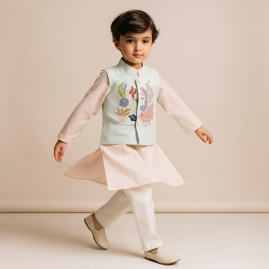 Pre Order: Peach Kurta With Sea Life Embroidered Jacket And Pyjama