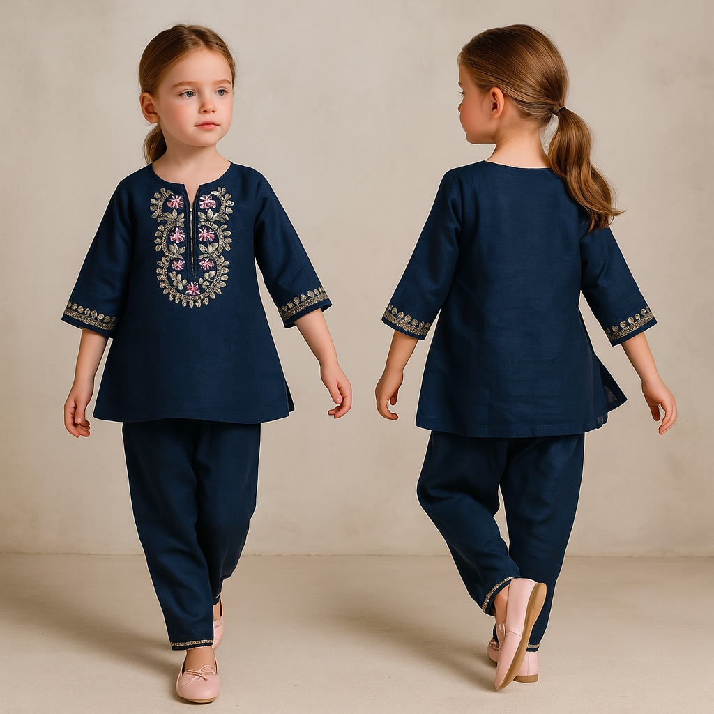Pre Order: Blue Thread Embroidered Kurti With Tulip Dhoti