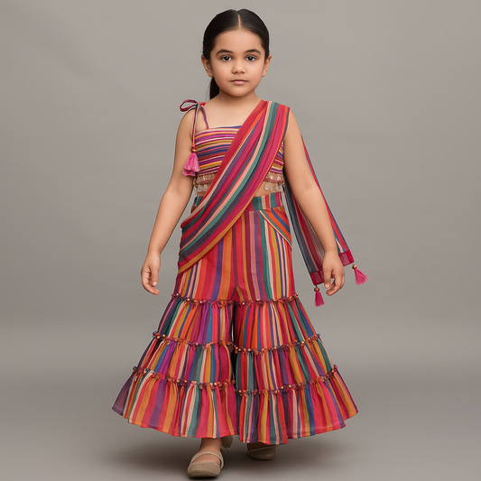Pre Order: Gorgeous Striped Top With Tiered Sharara And Attached Drape Dupatta