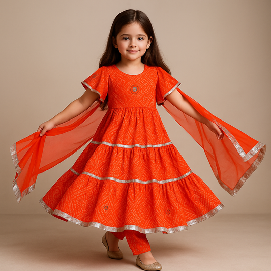 Pre Order: Orange Bandhani Anarkali Set