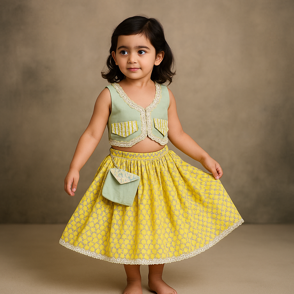 Pre Order: Green Embellished Top With Printed Lehenga And Pouch