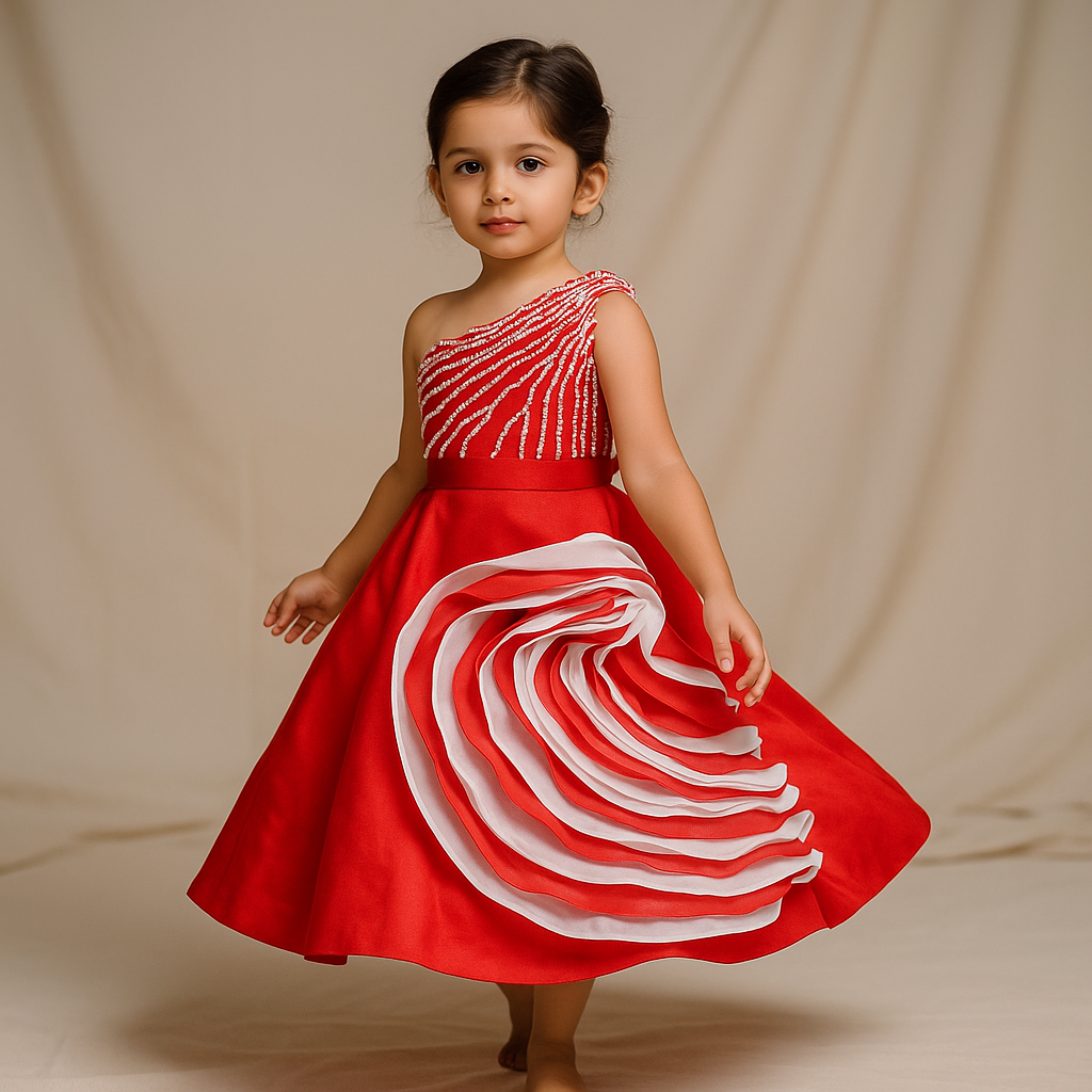 Pre Order: Red One Shoulder Embellished Top With Attached Dupatta And Stylish Lehenga