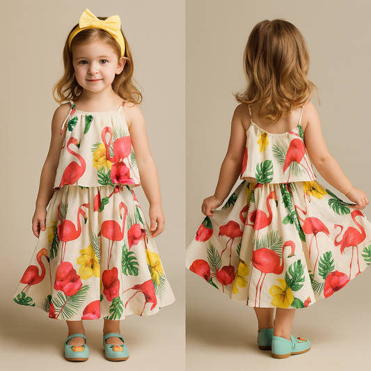 Pre Order: Flamingo Printed Top And Lehenga
