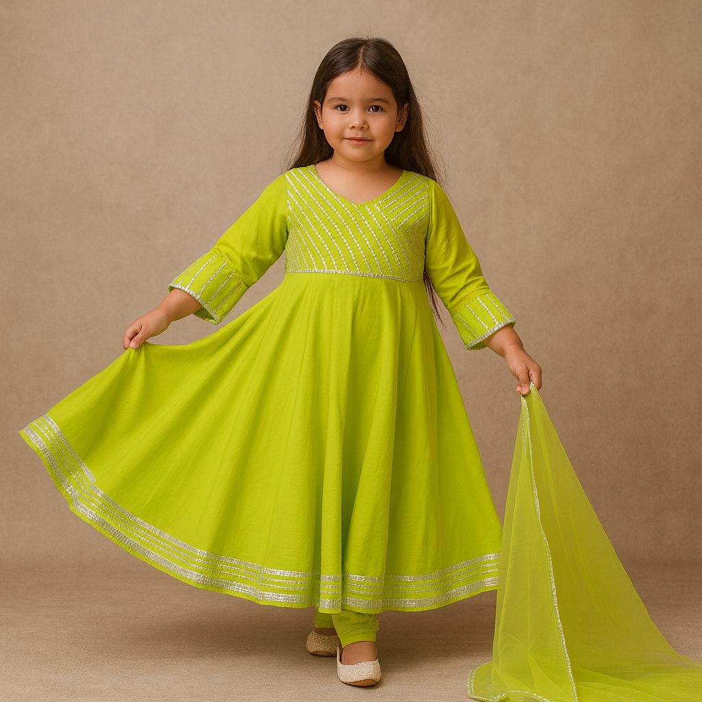 Pre Order:Parrot Green Anarkali Suit Set