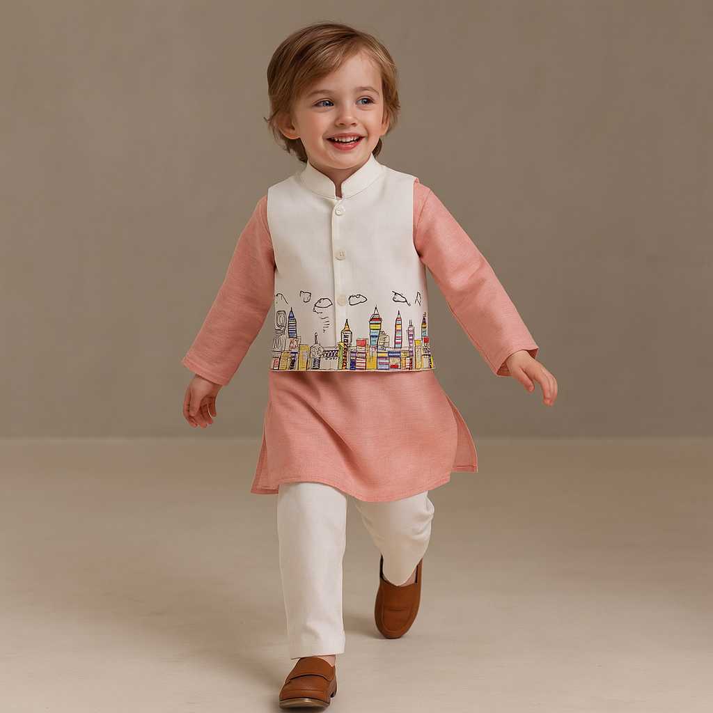 Pre Order: Plain Pink Kurta And Thread Embroidered Jacket With Pyjama