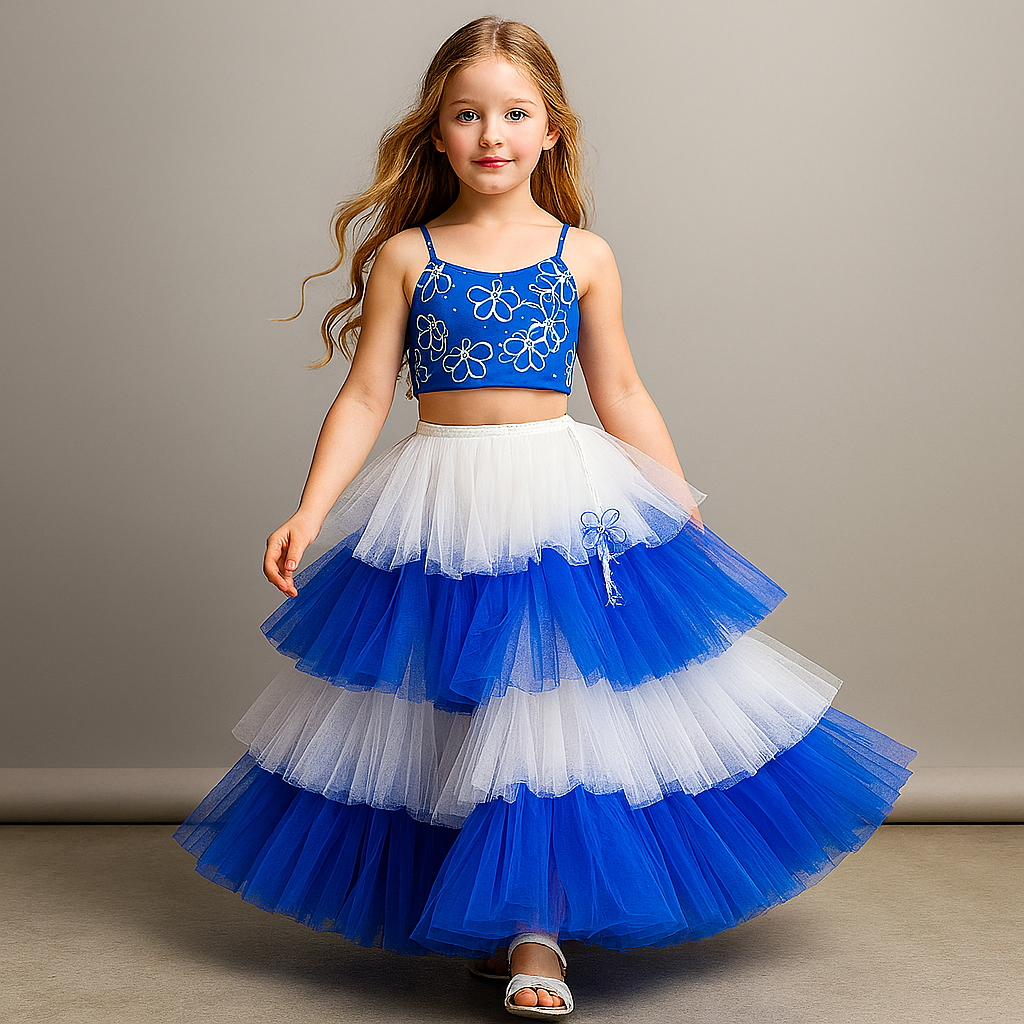 Pre Order: Blue Butterfly Embroidered Strappy Top And Multi-Layered Net Lehenga