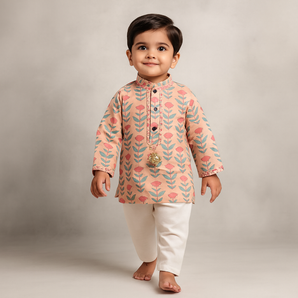 Pre Order: Peach Floral Printed Kurta With Pyjama