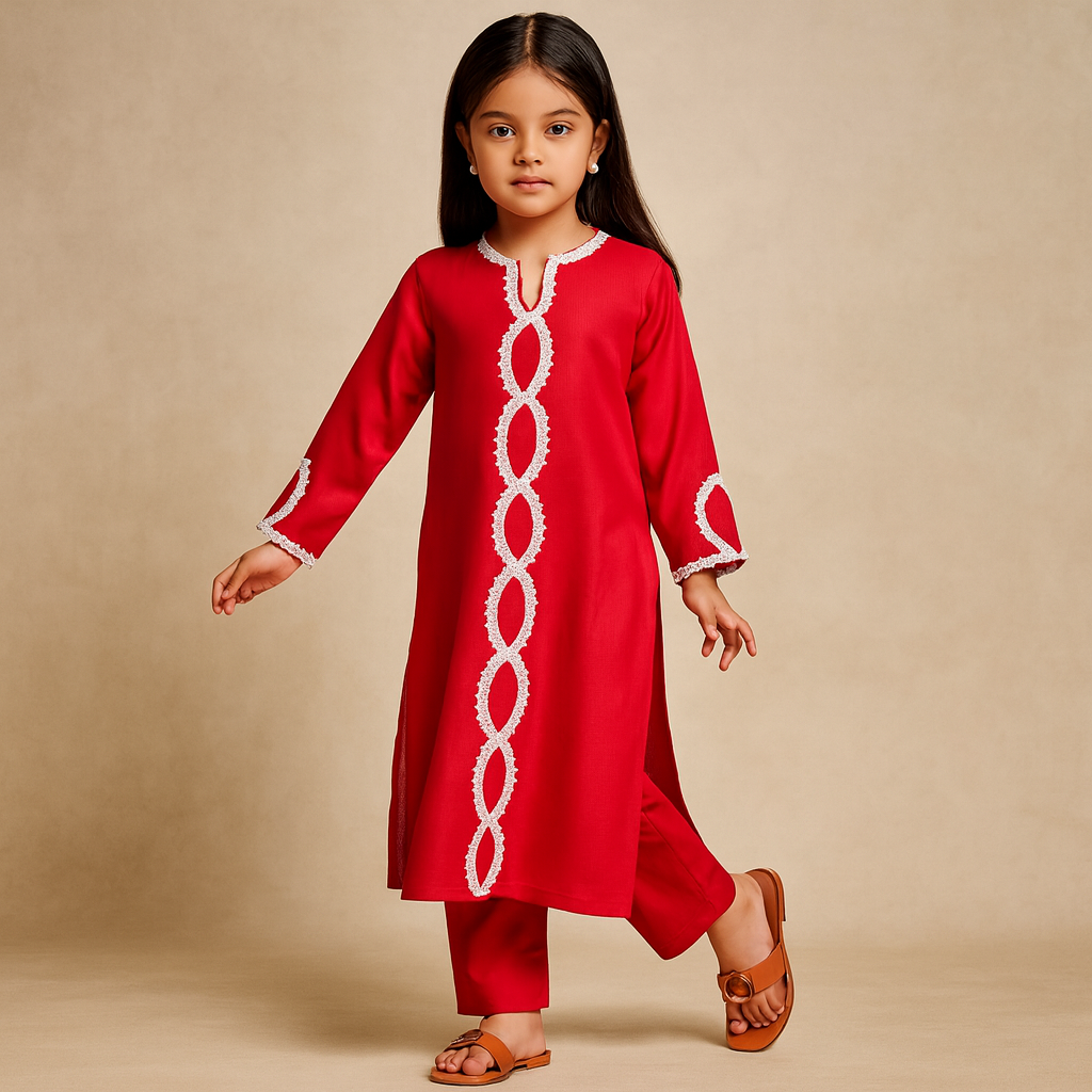 Pre Order: Red Kurta Lace Detailing Suit Set
