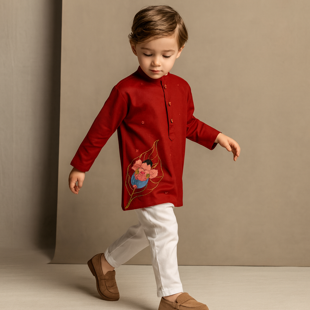 Pre Order: Ganesh Thread Embroidered Red Kurta And White Pyjama