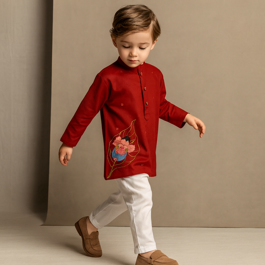 Pre Order: Ganesh Thread Embroidered Red Kurta And White Pyjama