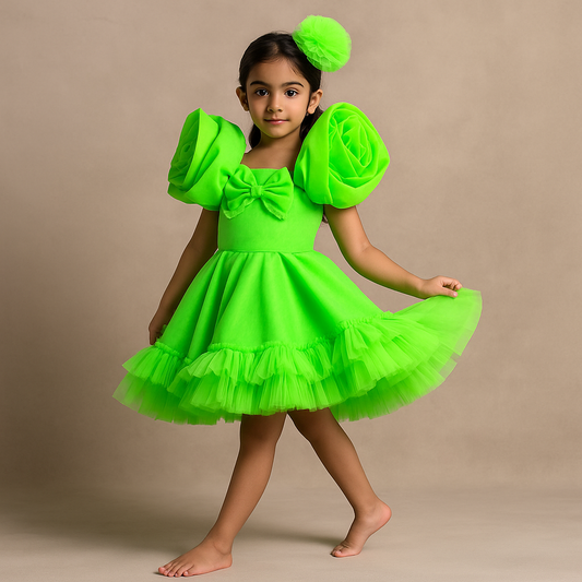 Pre Order: Elegant Green Rosy Sleeves Dress