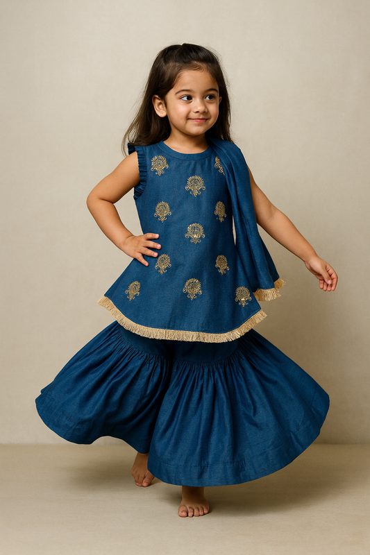 Pre Order: Blue Pleat Detailed Zari Embroidered Kurti With Sharara And Dupatta