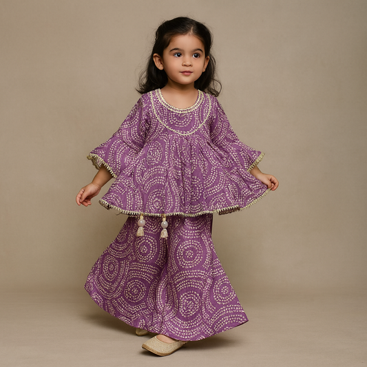 Pre Order: Side Knot-Detail Bandhani Printed Shimmer Top And Palazzo