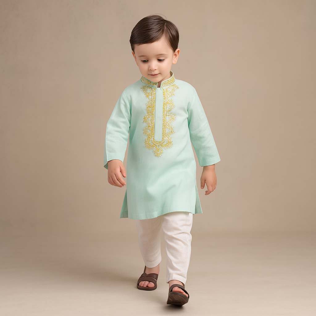 Pre Order: Embroidered Collar And Placket Green Kurta With Churidar