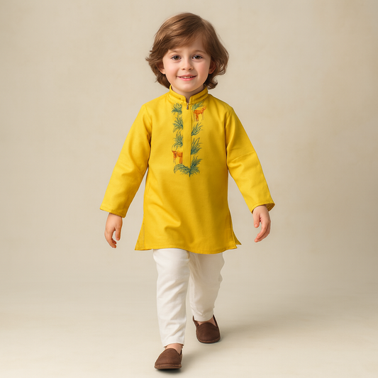 Pre Order: Embroidered Collar And Front Placket Mustard Kurta With Pyjama