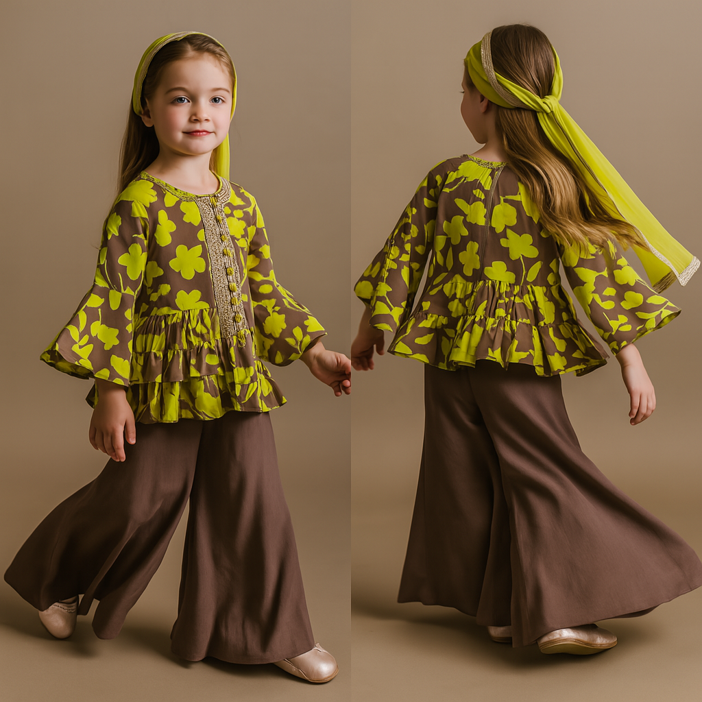 Pre Order: Floral Printed Kurti With Sharara And Net Dupatta