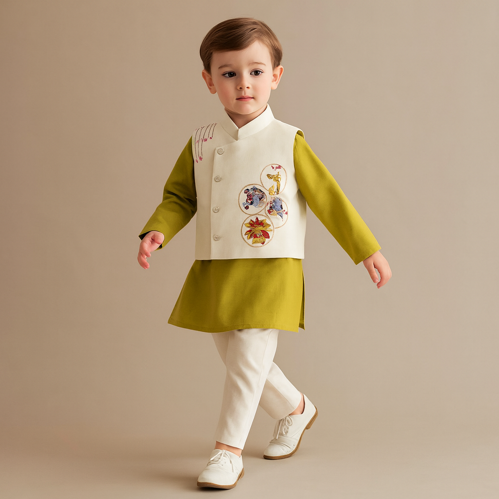 Pre Order: Plain Green Kurta With Jungle Animals Embroidered Jacket And Pyjama