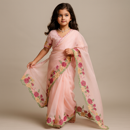 Pre Order: Pink Floral  Georgette Saree