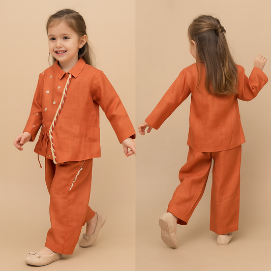 Pre Order: Knot Detail Orange Collar Neck Top And Pant