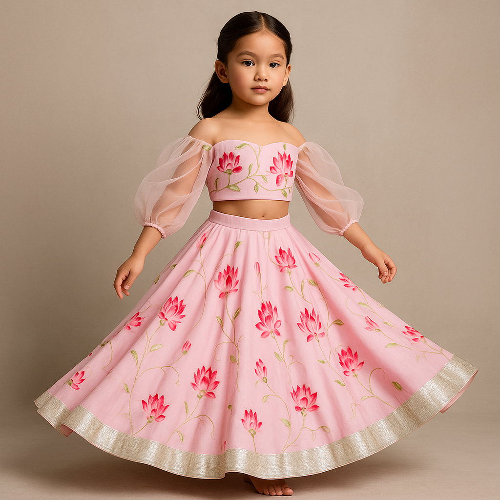 Pre Order:Pink Floral Printed Lehenga Set