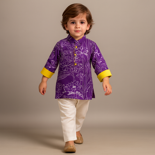 Pre Order: Floral Printed Purple Kurta With Pyjama