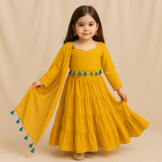 Pre Order: Sunflower Tassels Details Georgette Lehenga Set