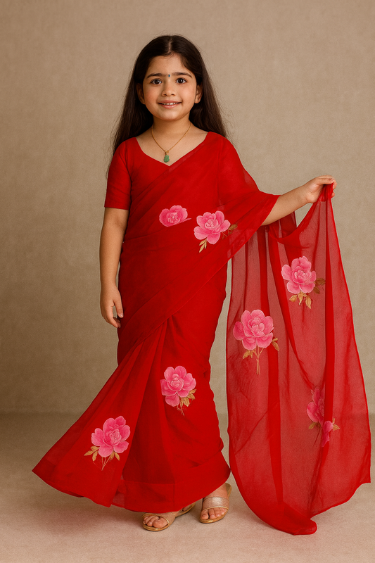 Pre Order: Red Floral Printed Georgette Saree