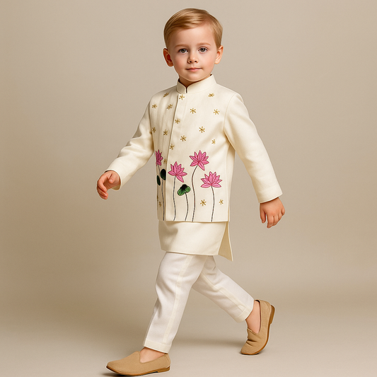 Pre Order: Off White Kurta With Embroidered Jacket With Pant
