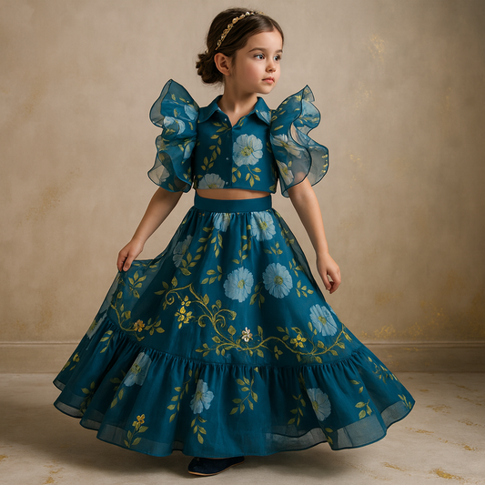Pre Order: Floral Printed Frill Top And Frill Lehenga
