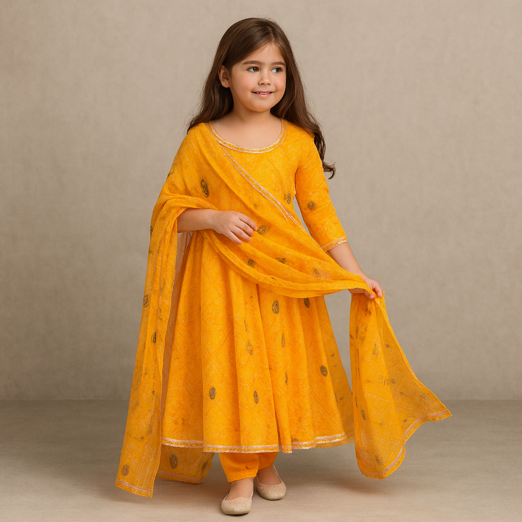 Pre Order: Manngo Yellow Bandhani Anarkali Set