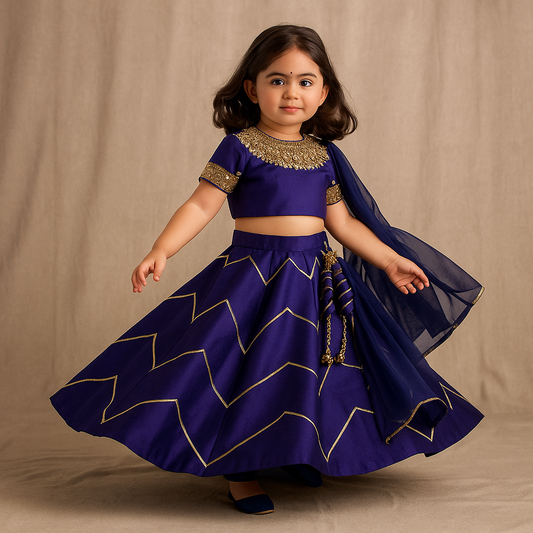 Pre Order: V Cut Back Embroidered Purple Top And Gota Lace Detail Lehenga With Matching Checks Dupatta