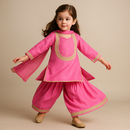 Pre Order: Elegant Yoke-Detail Kurti With Matching Salwar And Dupatta