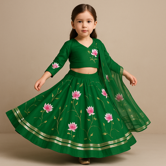 Pre Order: Green Floral Printed Lehenga Set