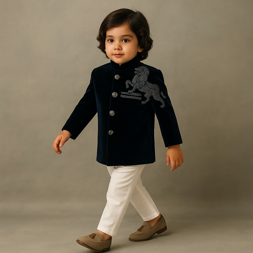 Pre Order: Stylish Embroidered Blue Velvet Sherwani With White Pyjama