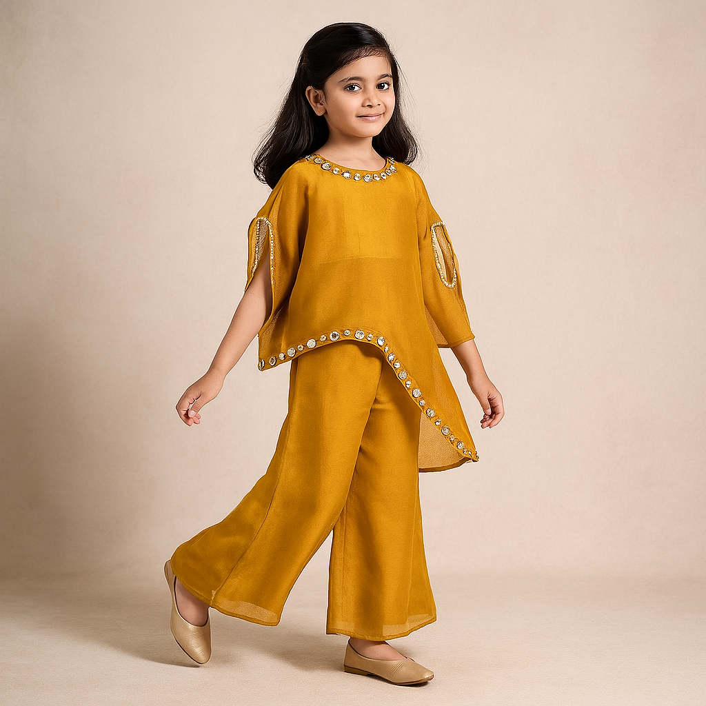 Pre Order: Mustard Top With Asymmetric Stylish Cape And Palazzo